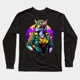 Retro Dragon Art| Cute Female Dragon in Jacket wearing Sun glasses Long Sleeve T-Shirt